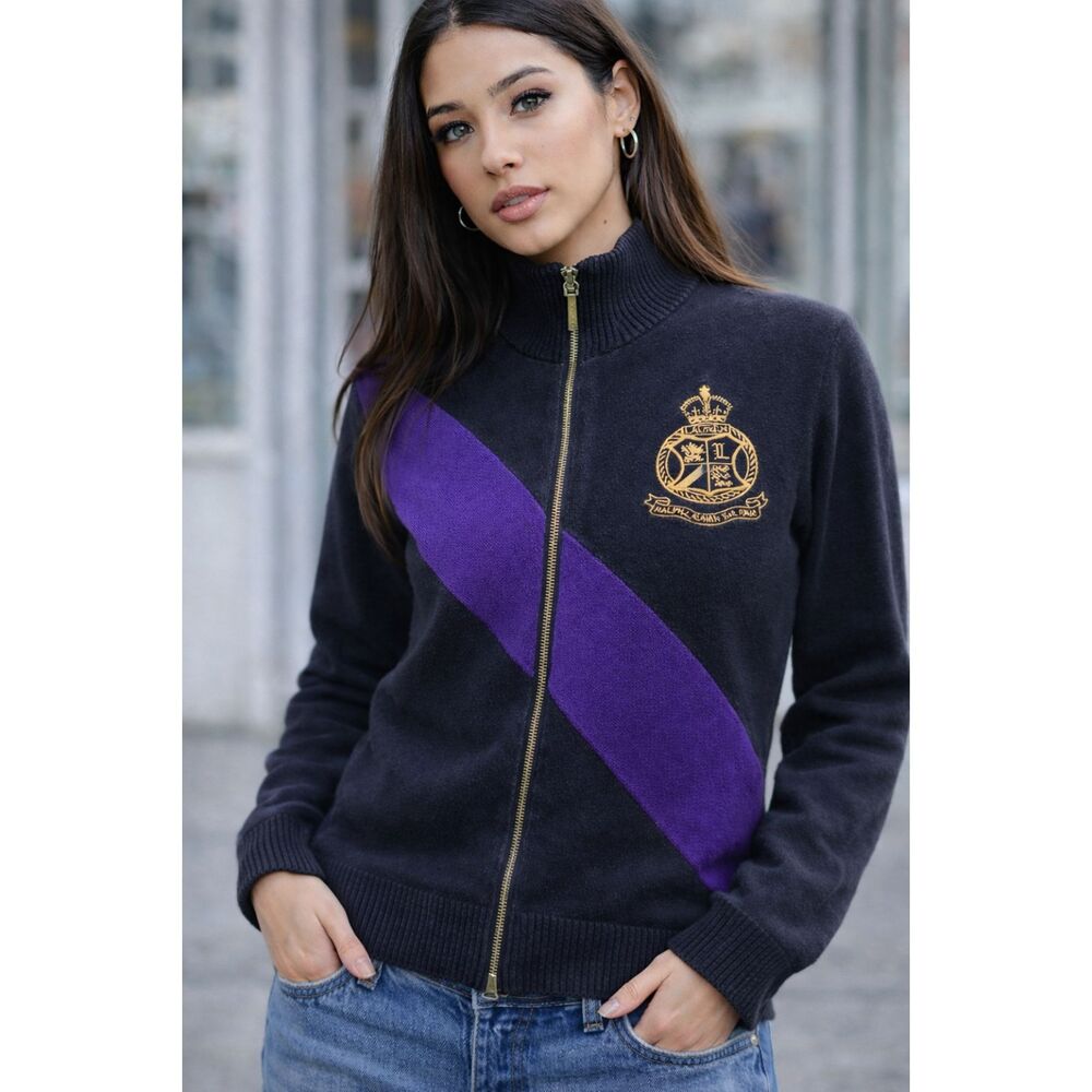 Lauren Ralph Lauren Crest Full Zip Sweater Black Purple Colorblock Mock Neck M